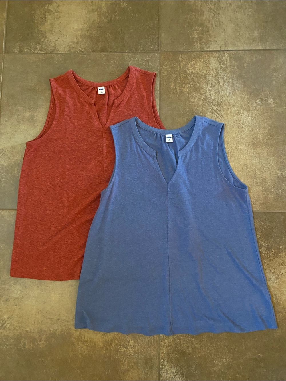 Linen Blend Sleeveless V-Neck Tank Tops - Blue & Rust